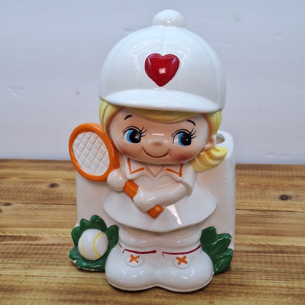 Vintage Ceramic Girl Tennis Player Planter Heart Kitsch Figurine 7 x 4